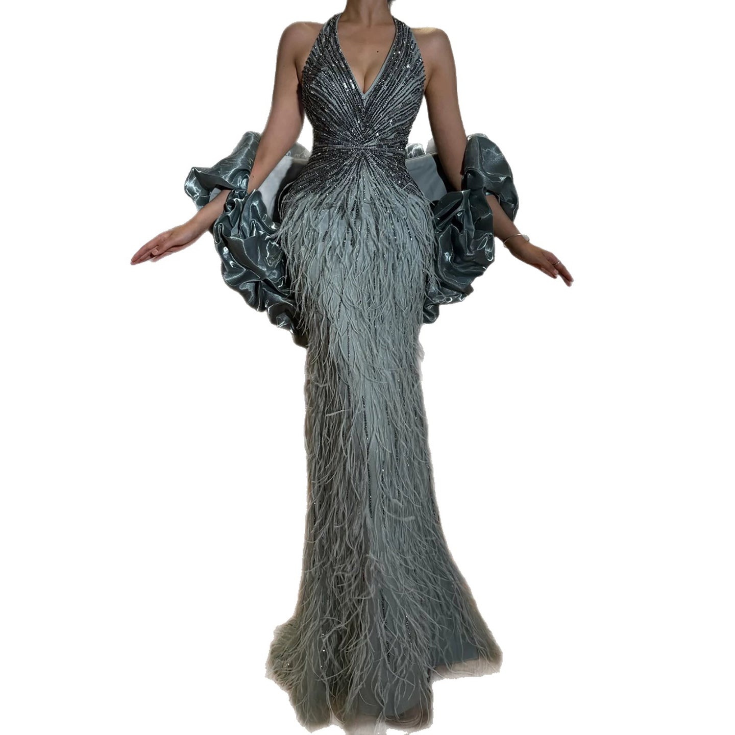 Luxury Beige Beaded Feather Mermaid Evening Dress with Slit LA70623B