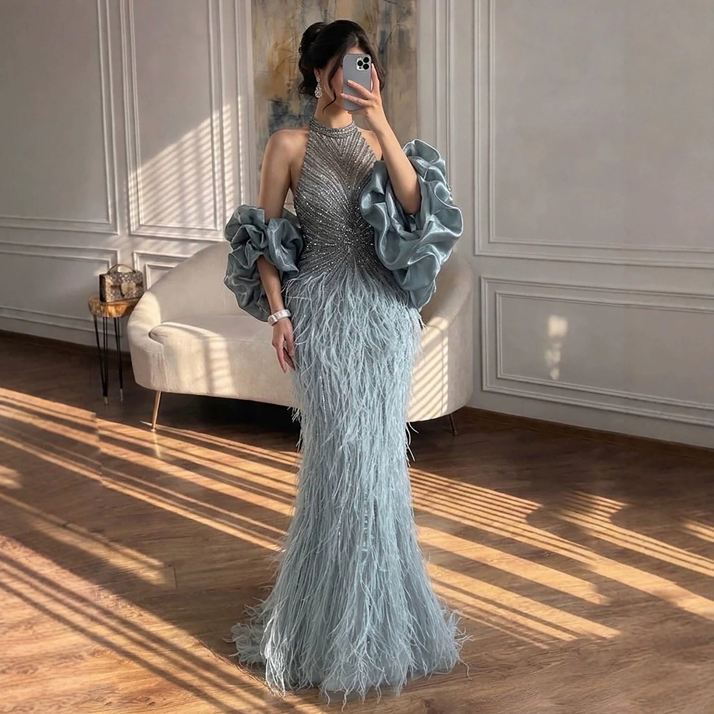 Luxury Turquoise Beaded Feather Halter Mermaid Dress LA70623C
