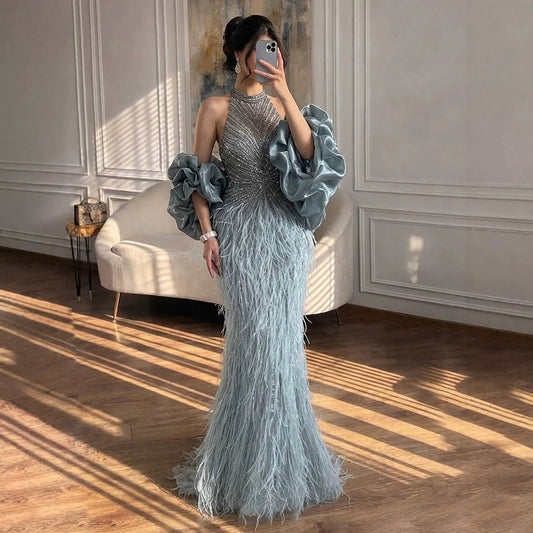 Luxury Turquoise Beaded Feather Halter Mermaid Dress LA70623C