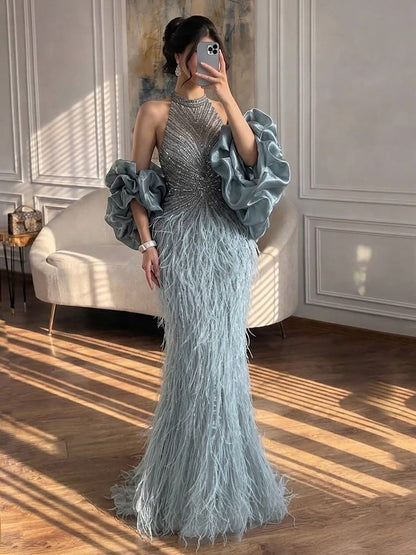 Luxury Turquoise Beaded Feather Halter Mermaid Dress LA70623C