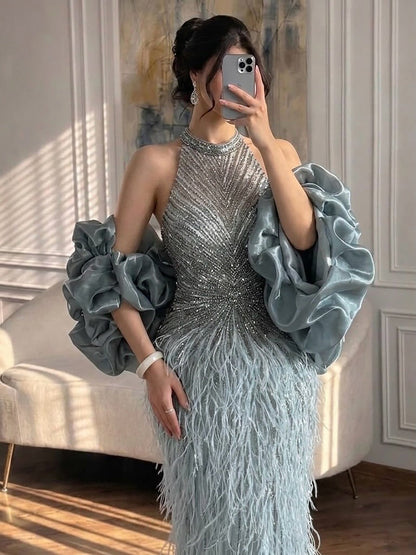 Luxury Turquoise Beaded Feather Halter Mermaid Dress LA70623C