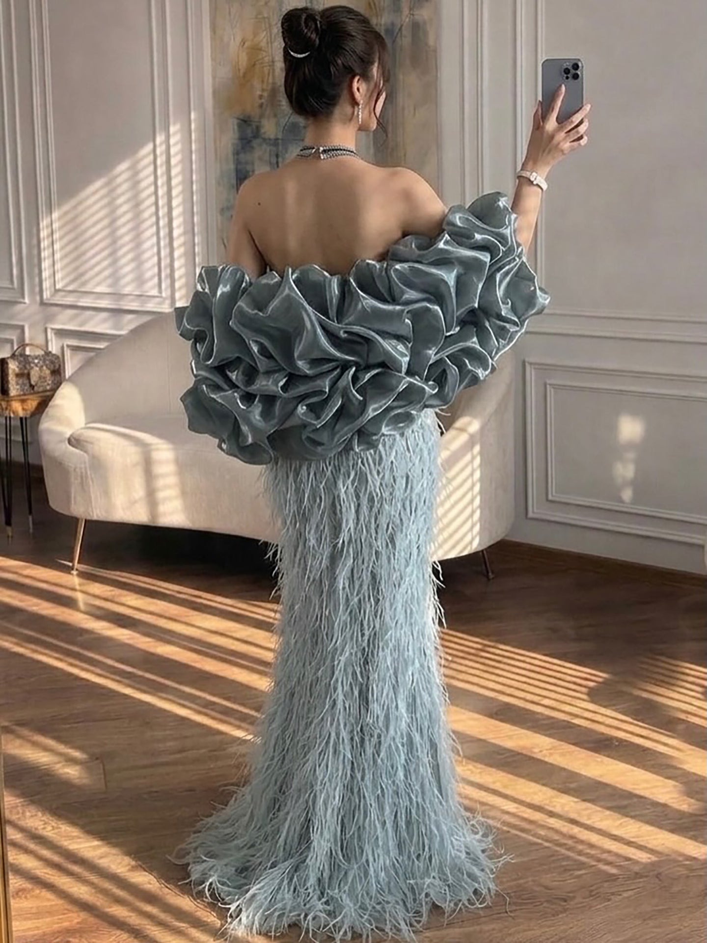 Luxury Turquoise Beaded Feather Halter Mermaid Dress LA70623C