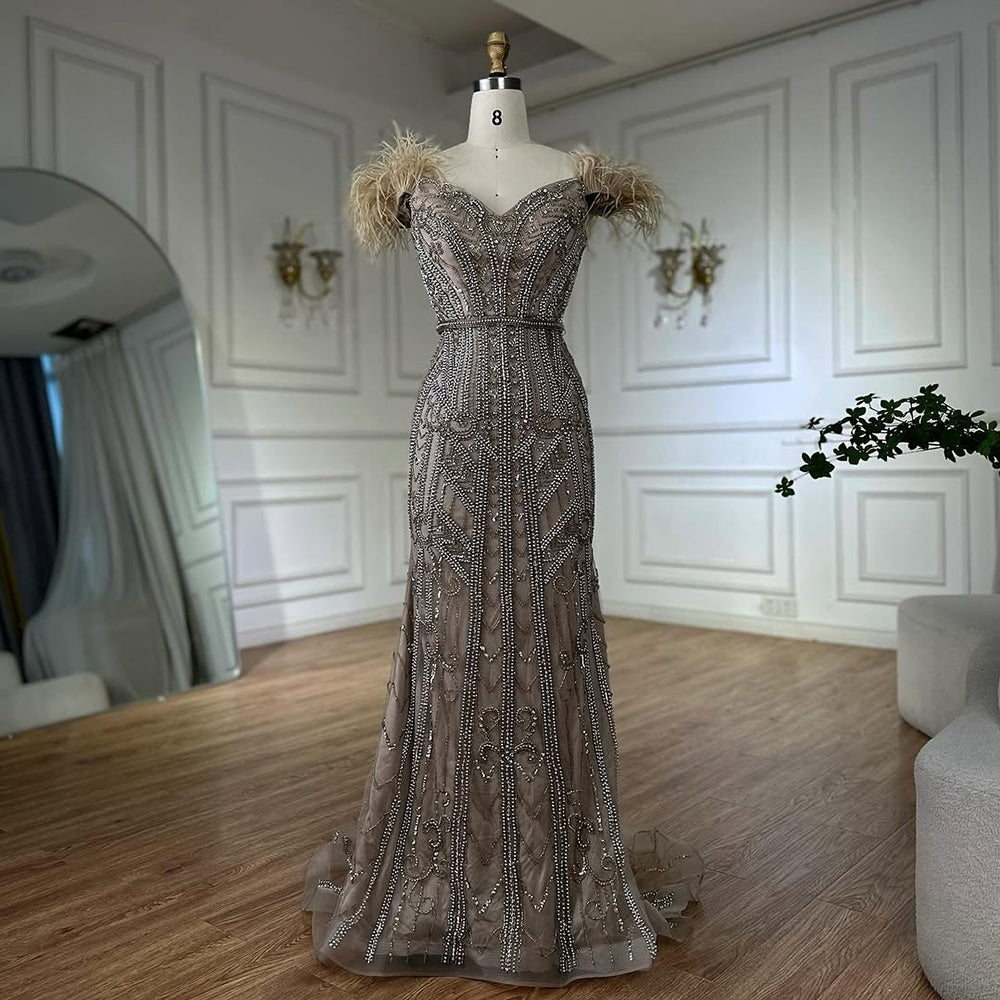 Luxury Lilac Beaded Mermaid Evening Dress Gown with Feathers LA70830