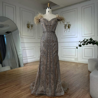 Luxury Lilac Beaded Mermaid Evening Dress Gown with Feathers LA70830