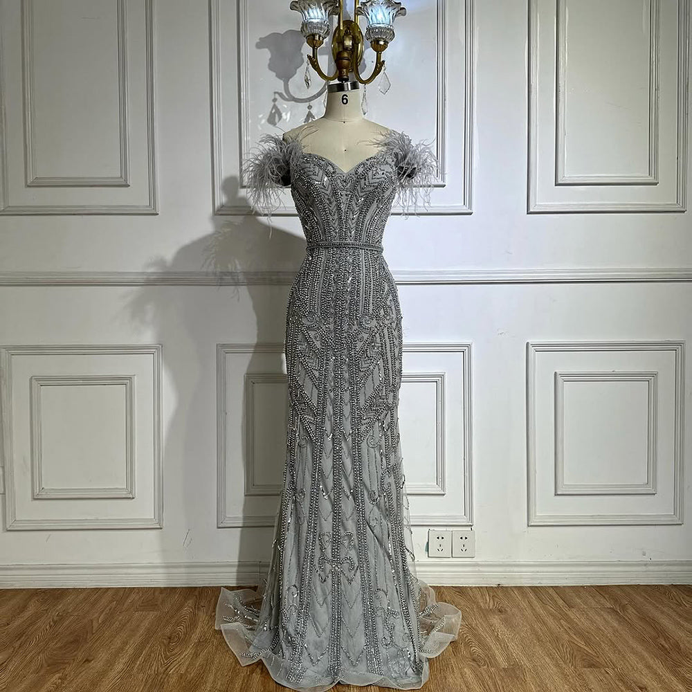 Luxury Lilac Beaded Mermaid Evening Dress Gown with Feathers LA70830
