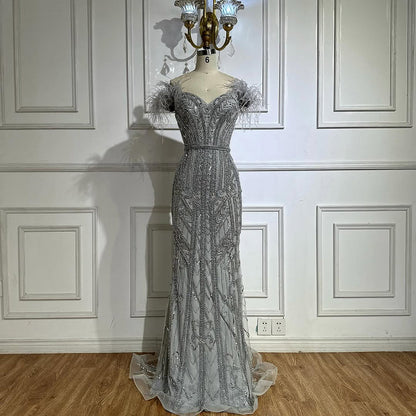 Luxury Lilac Beaded Mermaid Evening Dress Gown with Feathers LA70830