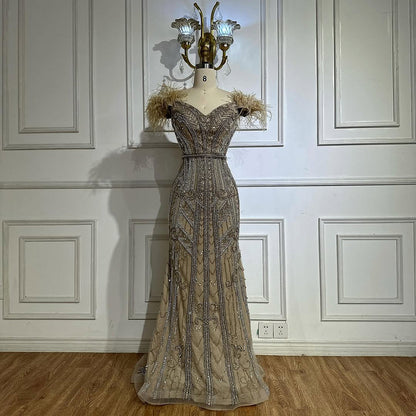 Luxury Lilac Beaded Mermaid Evening Dress Gown with Feathers LA70830