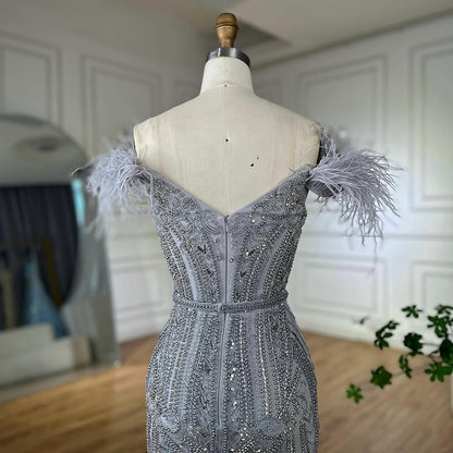 Luxury Lilac Beaded Mermaid Evening Dress Gown with Feathers LA70830