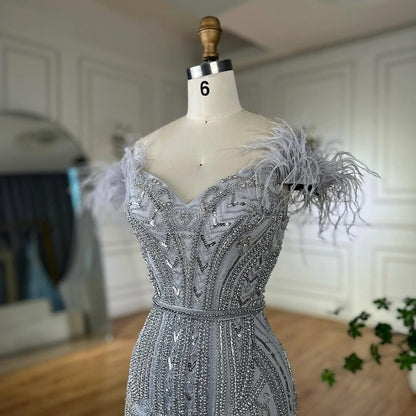 Luxury Lilac Beaded Mermaid Evening Dress Gown with Feathers LA70830