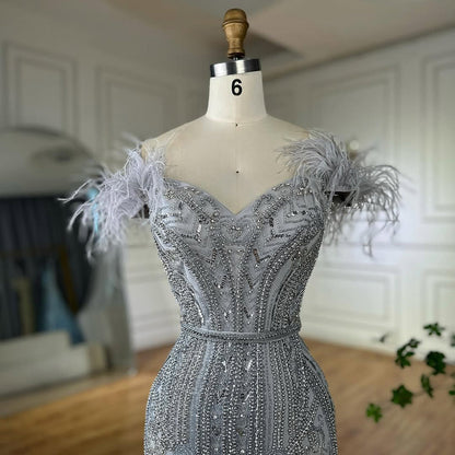Luxury Lilac Beaded Mermaid Evening Dress Gown with Feathers LA70830