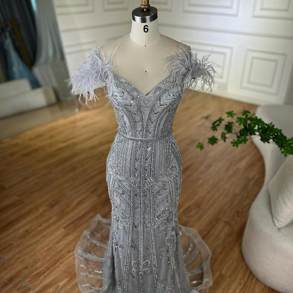 Luxury Lilac Beaded Mermaid Evening Dress Gown with Feathers LA70830