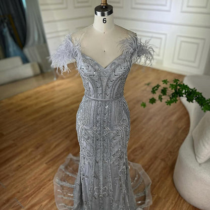 Luxury Lilac Beaded Mermaid Evening Dress Gown with Feathers LA70830