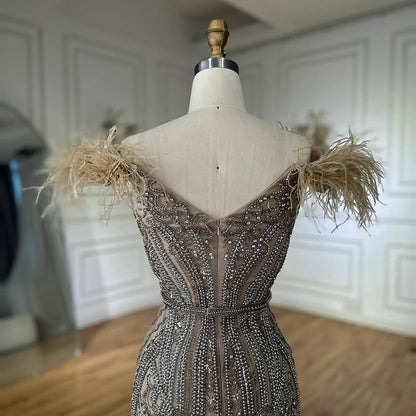 Luxury Lilac Beaded Mermaid Evening Dress Gown with Feathers LA70830
