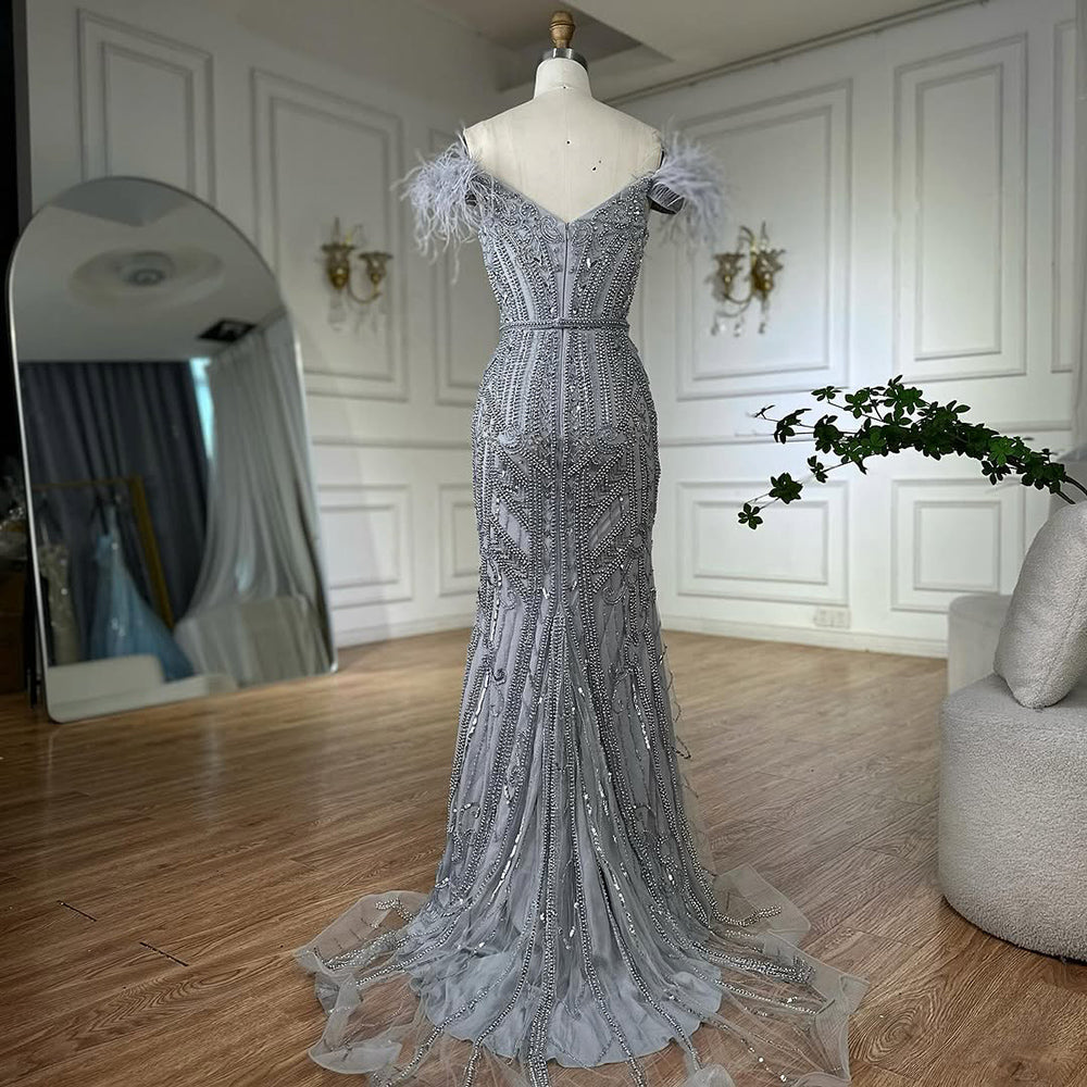 Luxury Lilac Beaded Mermaid Evening Dress Gown with Feathers LA70830