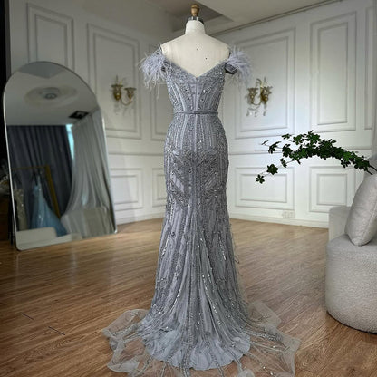 Luxury Lilac Beaded Mermaid Evening Dress Gown with Feathers LA70830