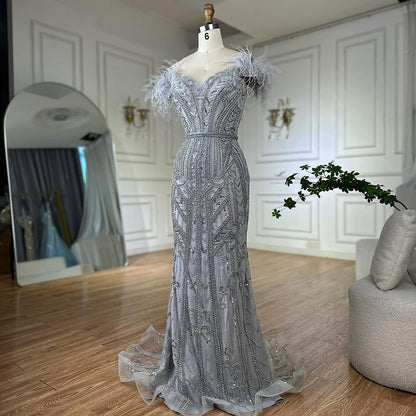 Luxury Lilac Beaded Mermaid Evening Dress Gown with Feathers LA70830