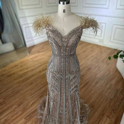 Luxury Lilac Beaded Mermaid Evening Dress Gown with Feathers LA70830