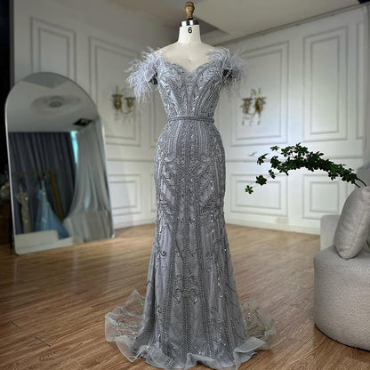 Luxury Lilac Beaded Mermaid Evening Dress Gown with Feathers LA70830