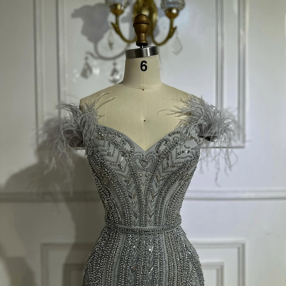 Luxury Lilac Beaded Mermaid Evening Dress Gown with Feathers LA70830