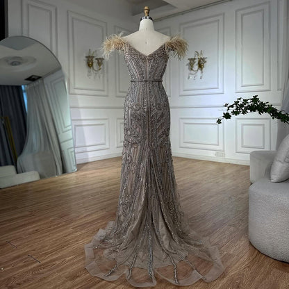 Luxury Lilac Beaded Mermaid Evening Dress Gown with Feathers LA70830