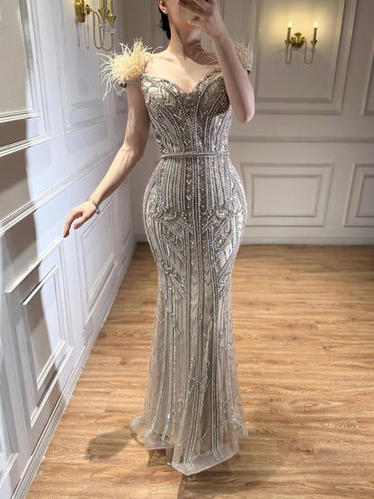 Luxury Lilac Beaded Mermaid Evening Dress Gown with Feathers LA70830