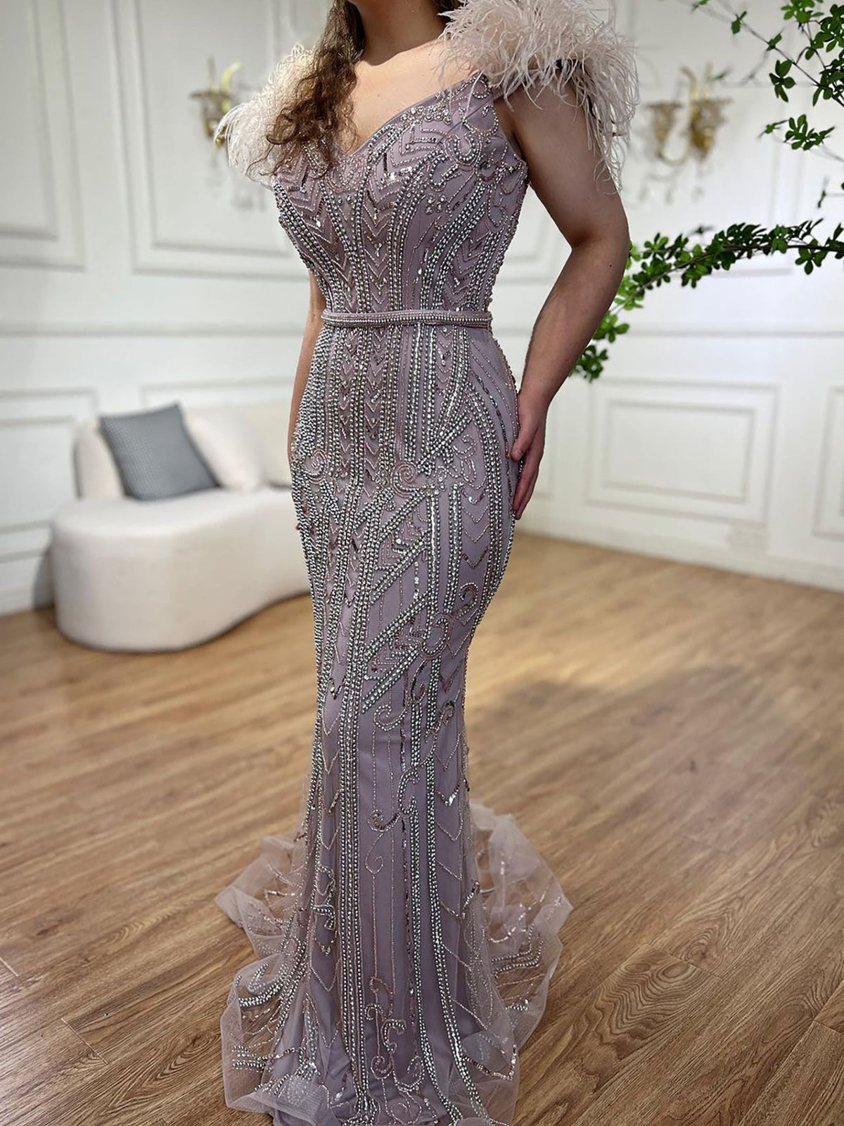Luxury Lilac Beaded Mermaid Evening Dress Gown with Feathers LA70830