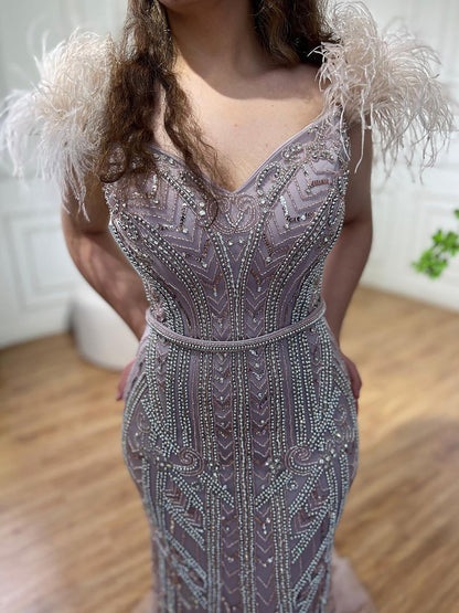 Luxury Lilac Beaded Mermaid Evening Dress Gown with Feathers LA70830