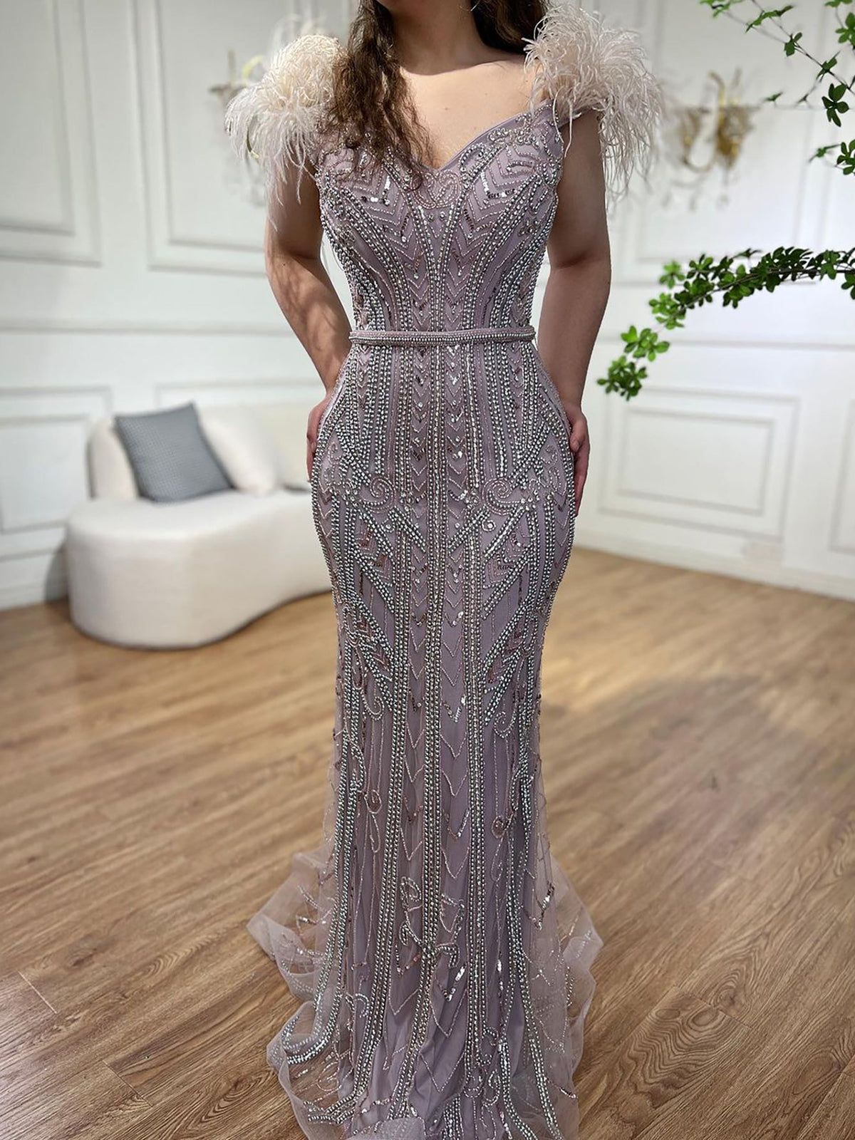 Luxury Lilac Beaded Mermaid Evening Dress Gown with Feathers LA70830