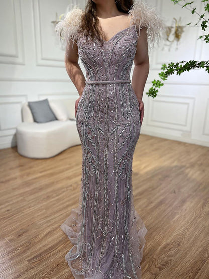Luxury Lilac Beaded Mermaid Evening Dress Gown with Feathers LA70830