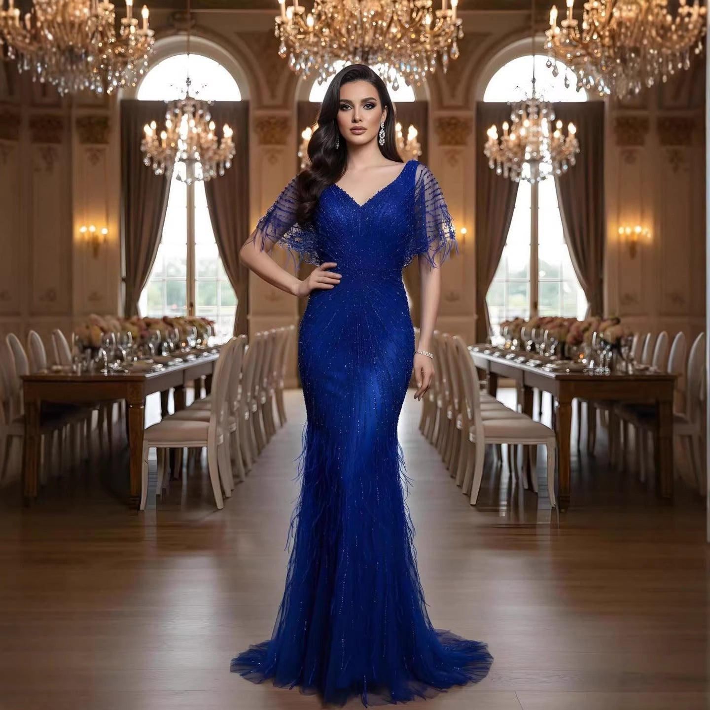 فساتين سهرة حورية البحر بنية من دبي فيذرز LA71323 