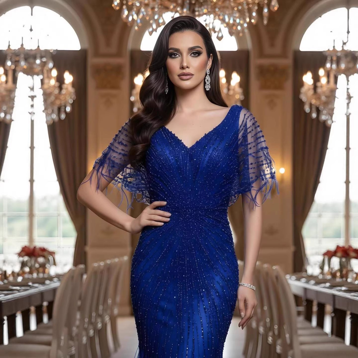 فساتين سهرة حورية البحر بنية من دبي فيذرز LA71323 