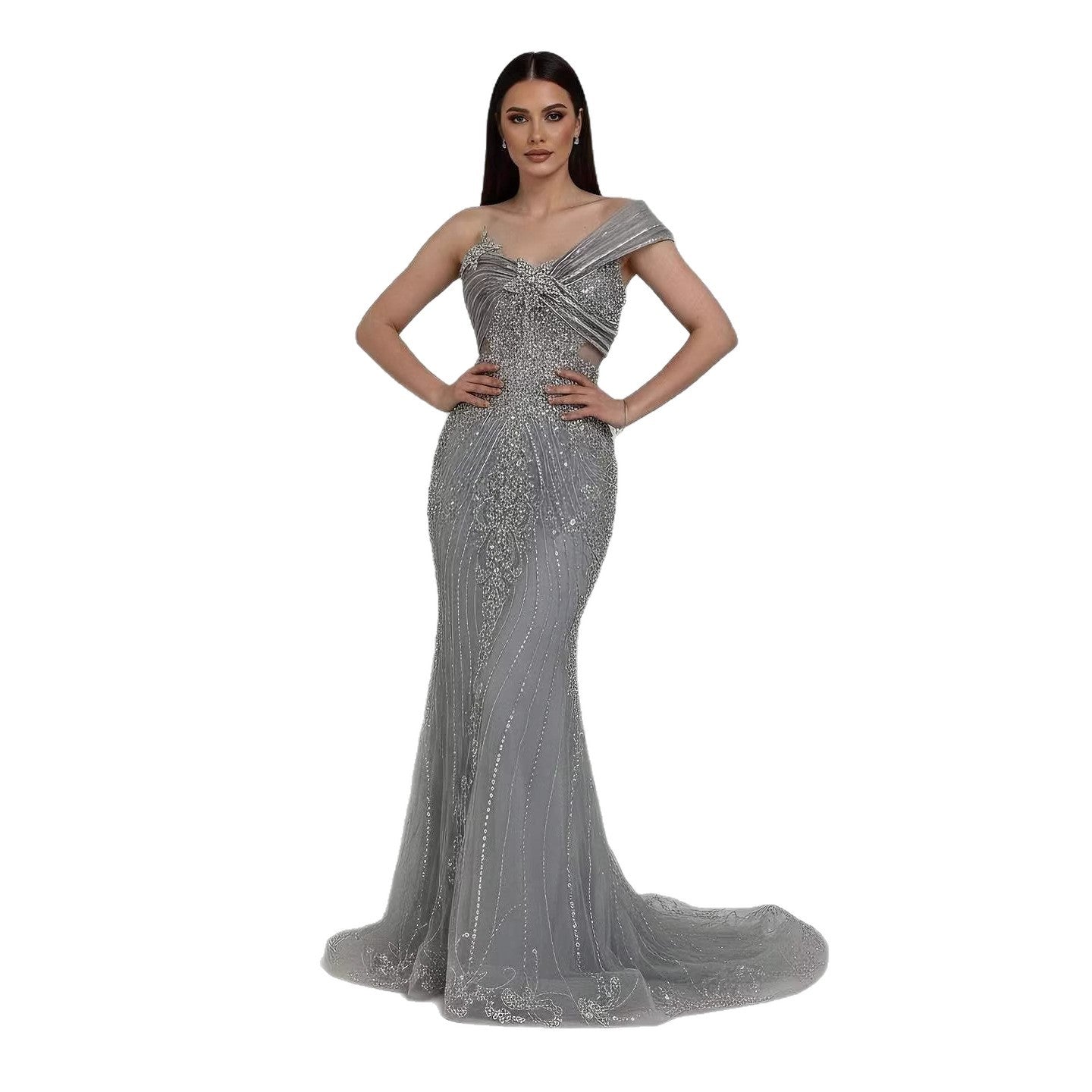 Luxury Grey One Shoulder Beaded Mermaid Evening Dress LA71652B