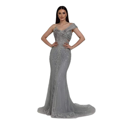 Luxury Grey One Shoulder Beaded Mermaid Evening Dress LA71652B