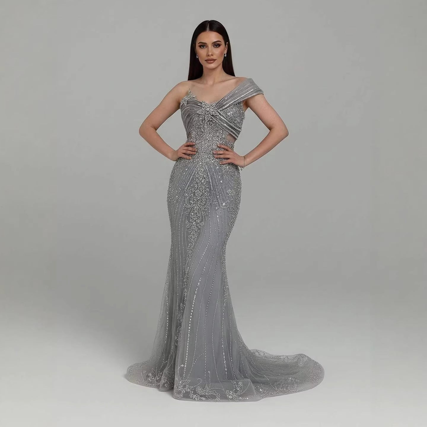 Luxury Grey One Shoulder Beaded Mermaid Evening Dress LA71652B