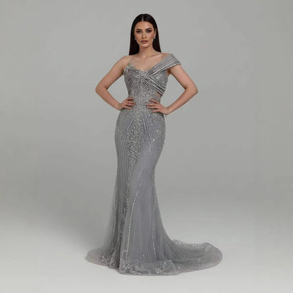 Luxury Grey One Shoulder Beaded Mermaid Evening Dress LA71652B