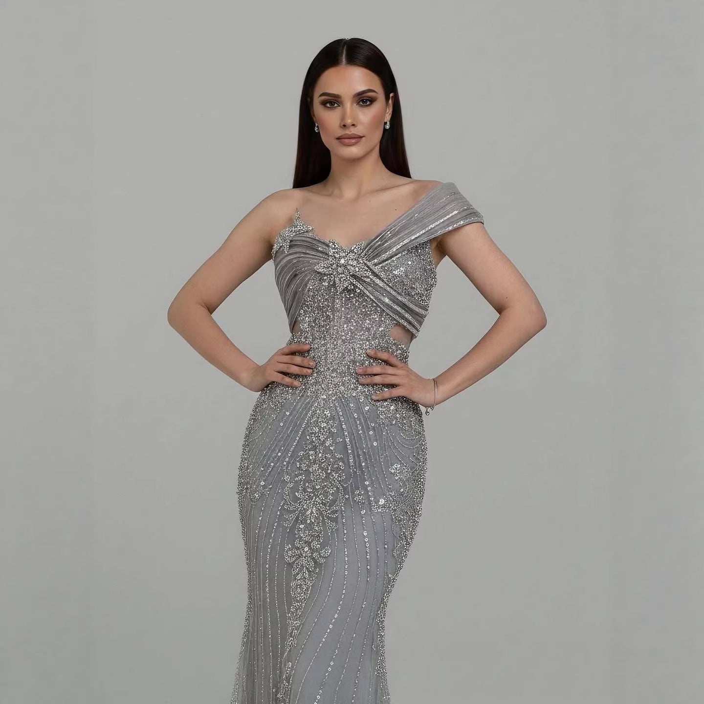 Luxury Grey One Shoulder Beaded Mermaid Evening Dress LA71652B