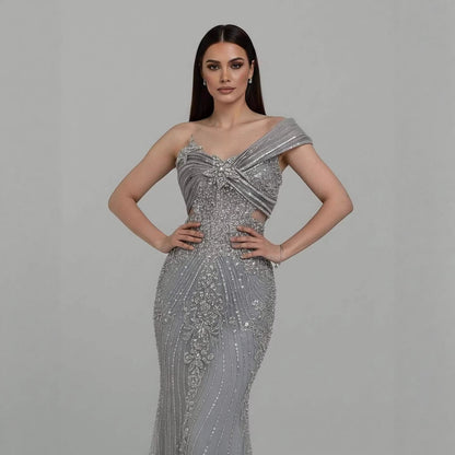 Luxury Grey One Shoulder Beaded Mermaid Evening Dress LA71652B