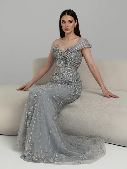 Luxury Grey One Shoulder Beaded Mermaid Evening Dress LA71652B