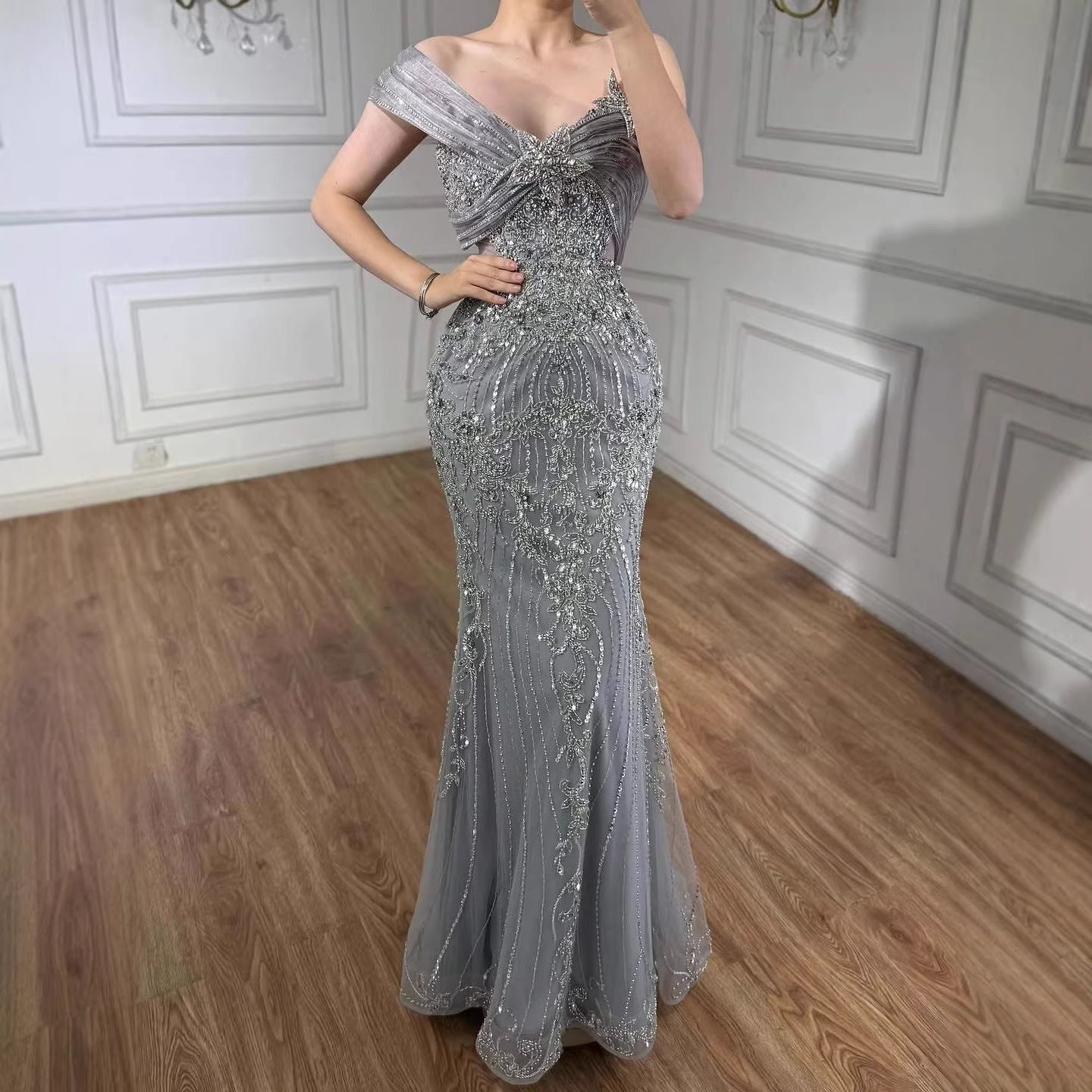 Luxury Grey One Shoulder Beaded Mermaid Evening Dress LA71652B