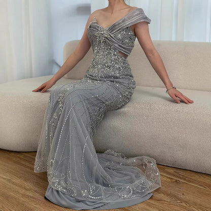 Luxury Grey One Shoulder Beaded Mermaid Evening Dress LA71652B
