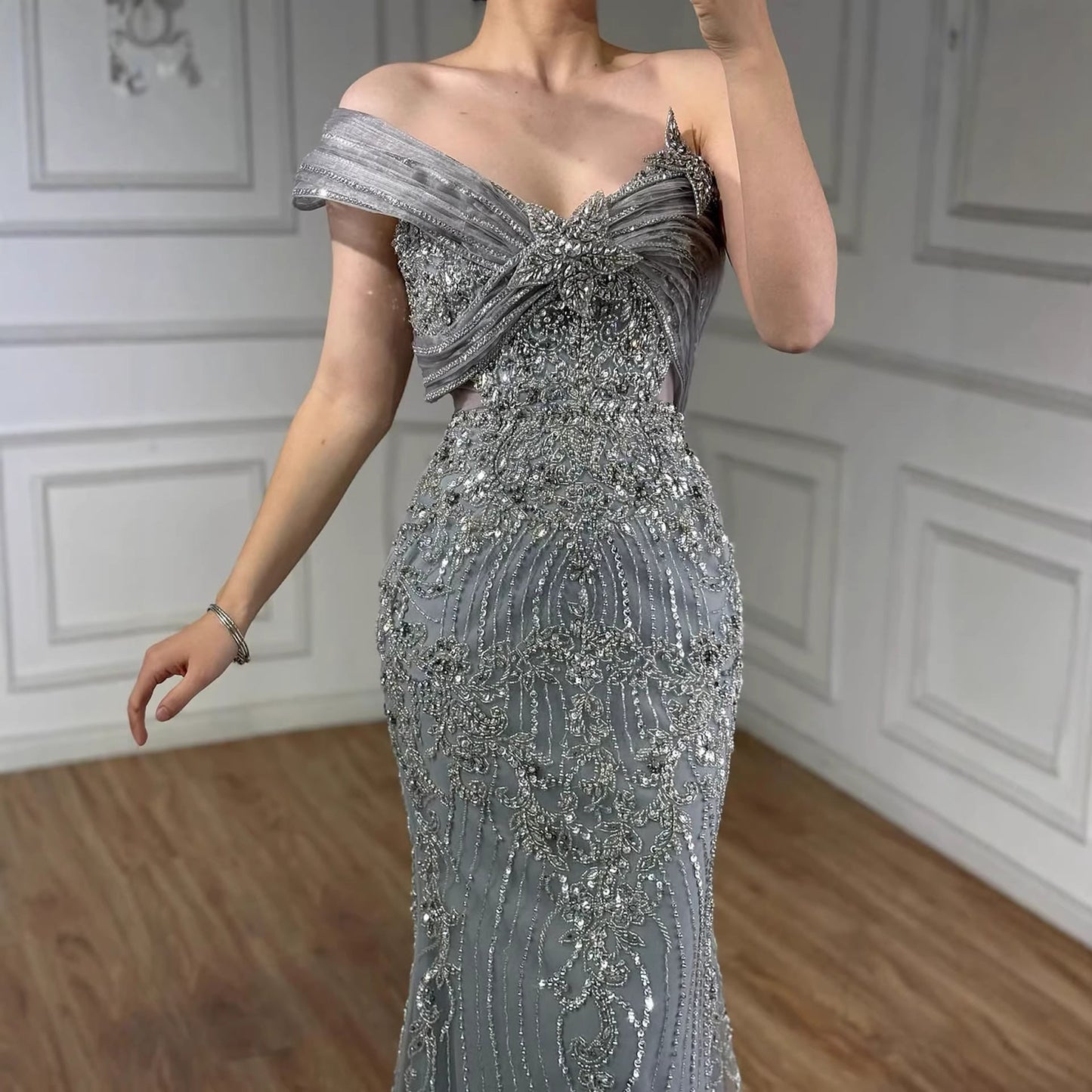 Luxury Grey One Shoulder Beaded Mermaid Evening Dress LA71652B