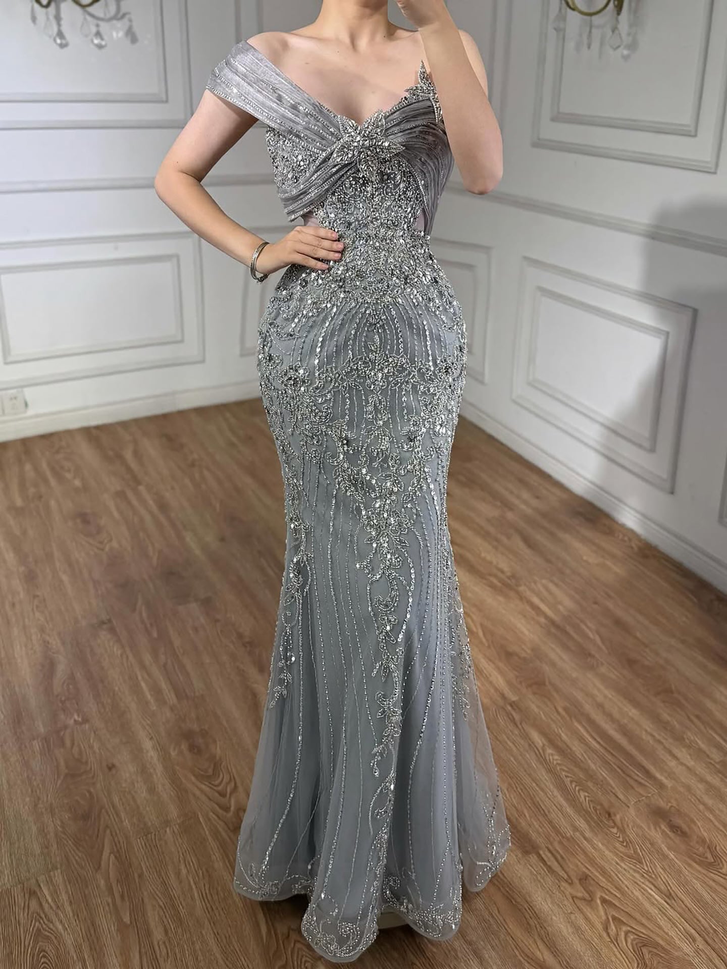 Luxury Grey One Shoulder Beaded Mermaid Evening Dress LA71652B