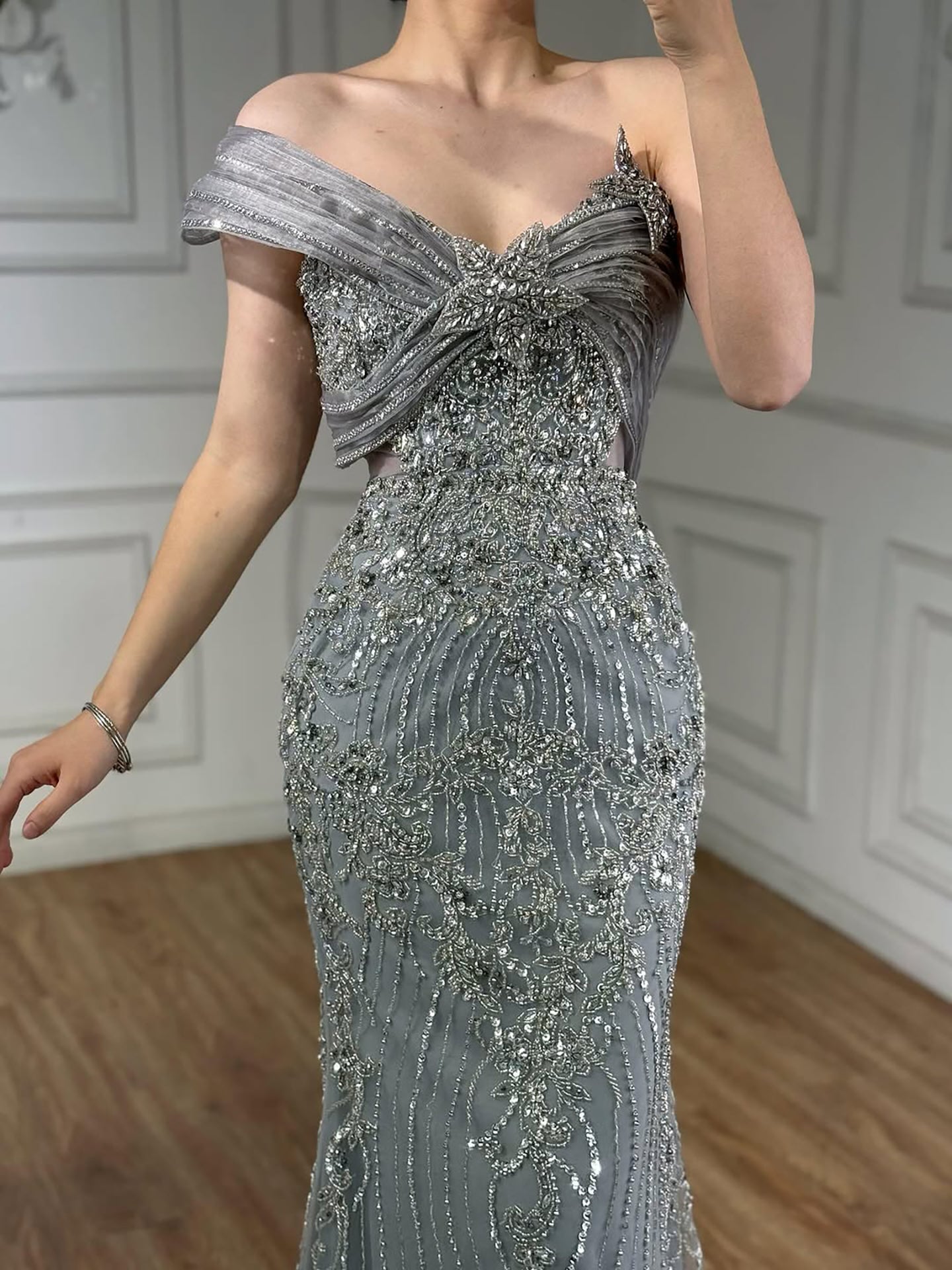 Luxury Grey One Shoulder Beaded Mermaid Evening Dress LA71652B