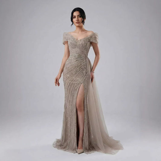 Luxury Nude Mermaid Elegant Beaded Sparkle Evening Dress With Skirt LA71686A
