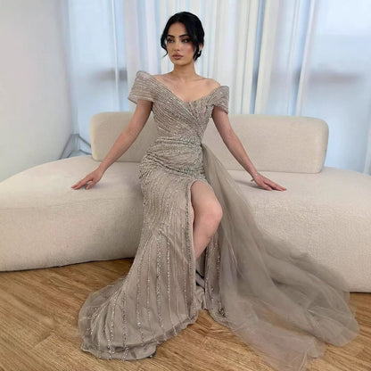 Luxuriöses, nudefarbenes Meerjungfrauen-Abendkleid mit elegantem Perlenbesatz und Glitzer, inklusive Rock, LA71686A 