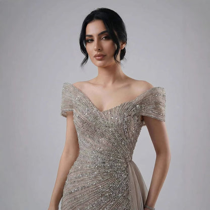 Luxuriöses, nudefarbenes Meerjungfrauen-Abendkleid mit elegantem Perlenbesatz und Glitzer, inklusive Rock, LA71686A 