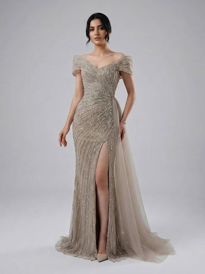 Luxuriöses, nudefarbenes Meerjungfrauen-Abendkleid mit elegantem Perlenbesatz und Glitzer, inklusive Rock, LA71686A 