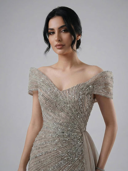 Luxuriöses, nudefarbenes Meerjungfrauen-Abendkleid mit elegantem Perlenbesatz und Glitzer, inklusive Rock, LA71686A 