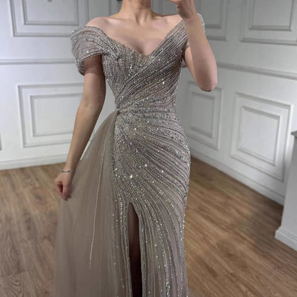 Luxuriöses, nudefarbenes Meerjungfrauen-Abendkleid mit elegantem Perlenbesatz und Glitzer, inklusive Rock, LA71686A 