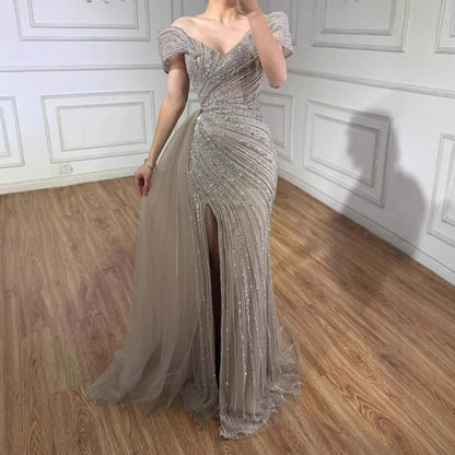 Luxuriöses, nudefarbenes Meerjungfrauen-Abendkleid mit elegantem Perlenbesatz und Glitzer, inklusive Rock, LA71686A 